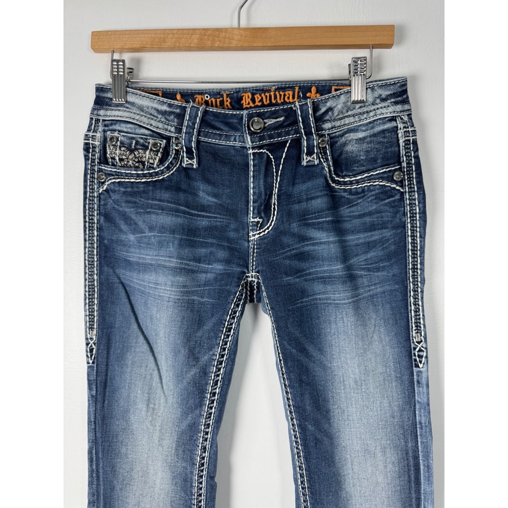 Y2K Rock Revival Womens 25 Nancy Bootcut Jeans Blue Embellished Frayed E8536M85X - Picture 13 of 14
